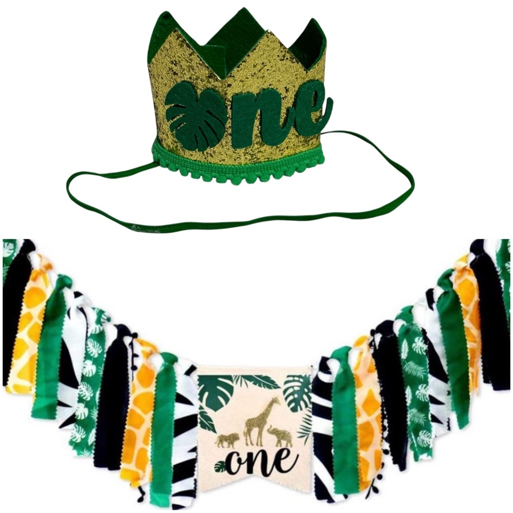 Animal Wild One 1st Birthday High Chair Banner & Crown Hat Decoration Jungle